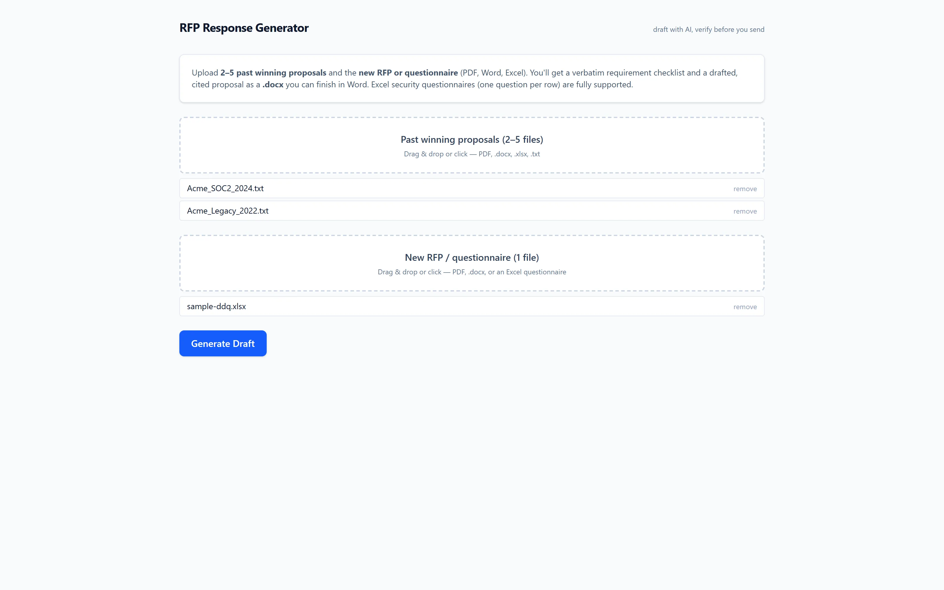 Upload screen with two past winning proposals and a new RFP questionnaire attached, ready to generate a draft