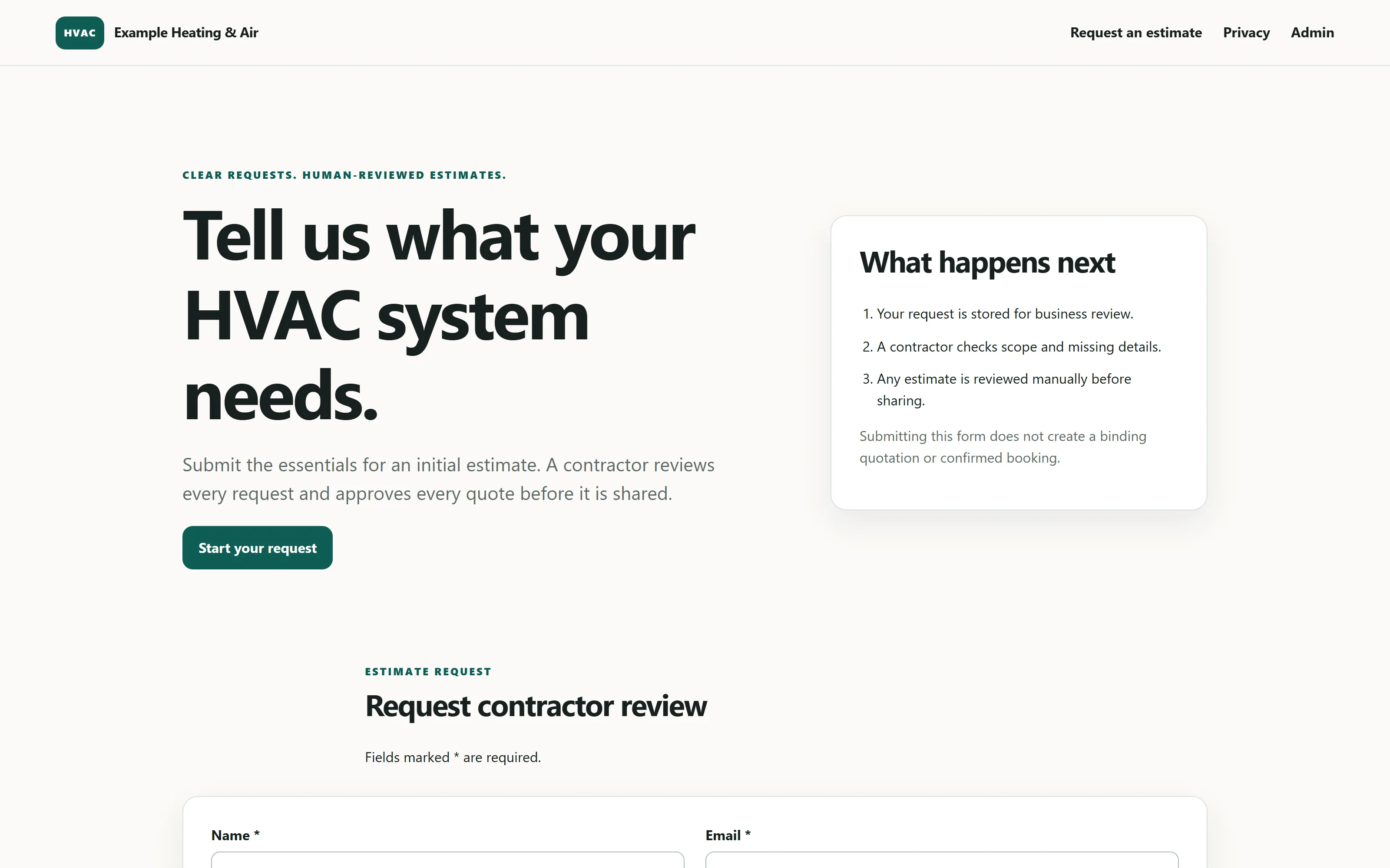 Public HVAC estimate request form with consent capture and job-detail fields