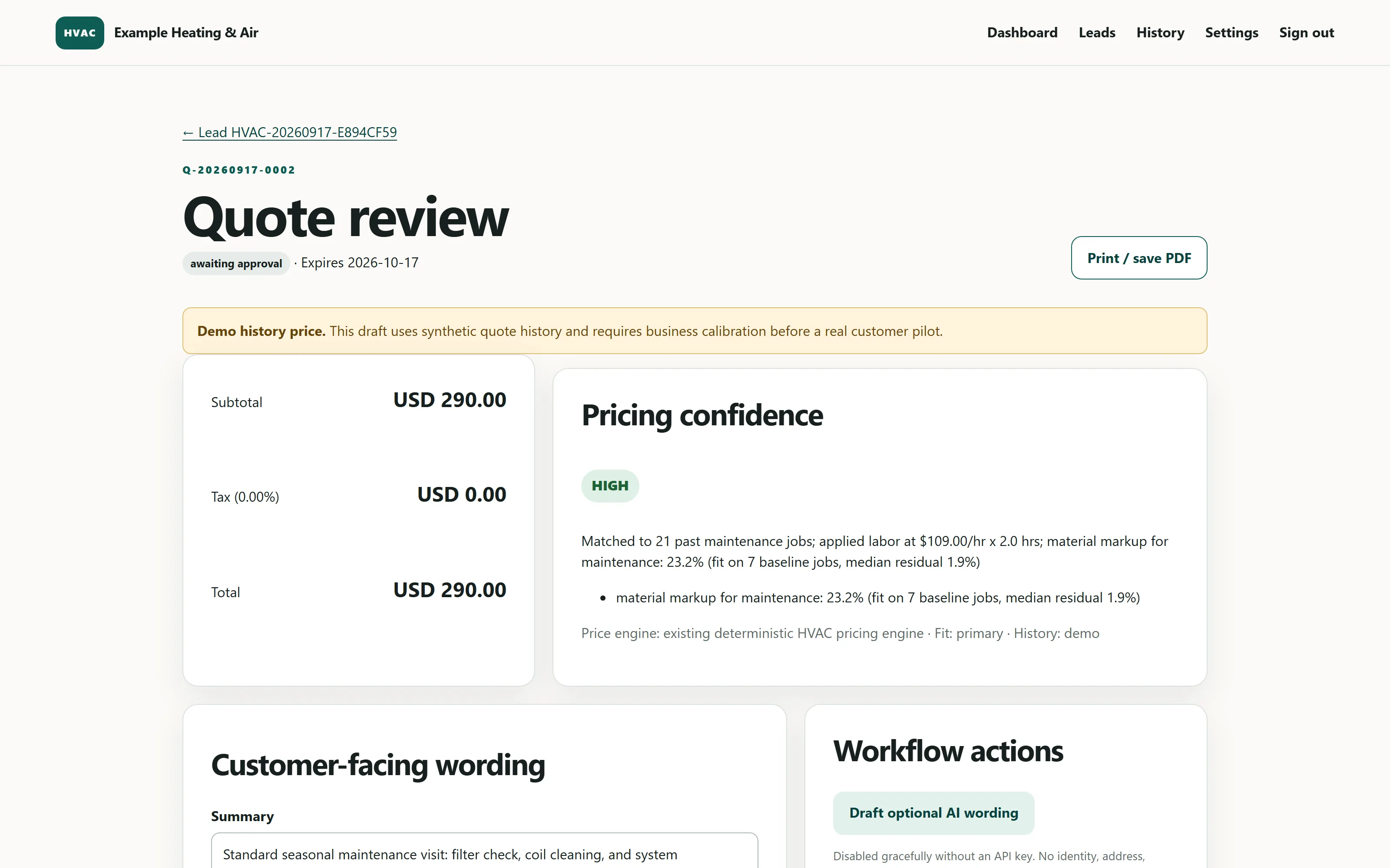 Quote review screen showing the deterministic pricing confidence breakdown and the manual approval gate