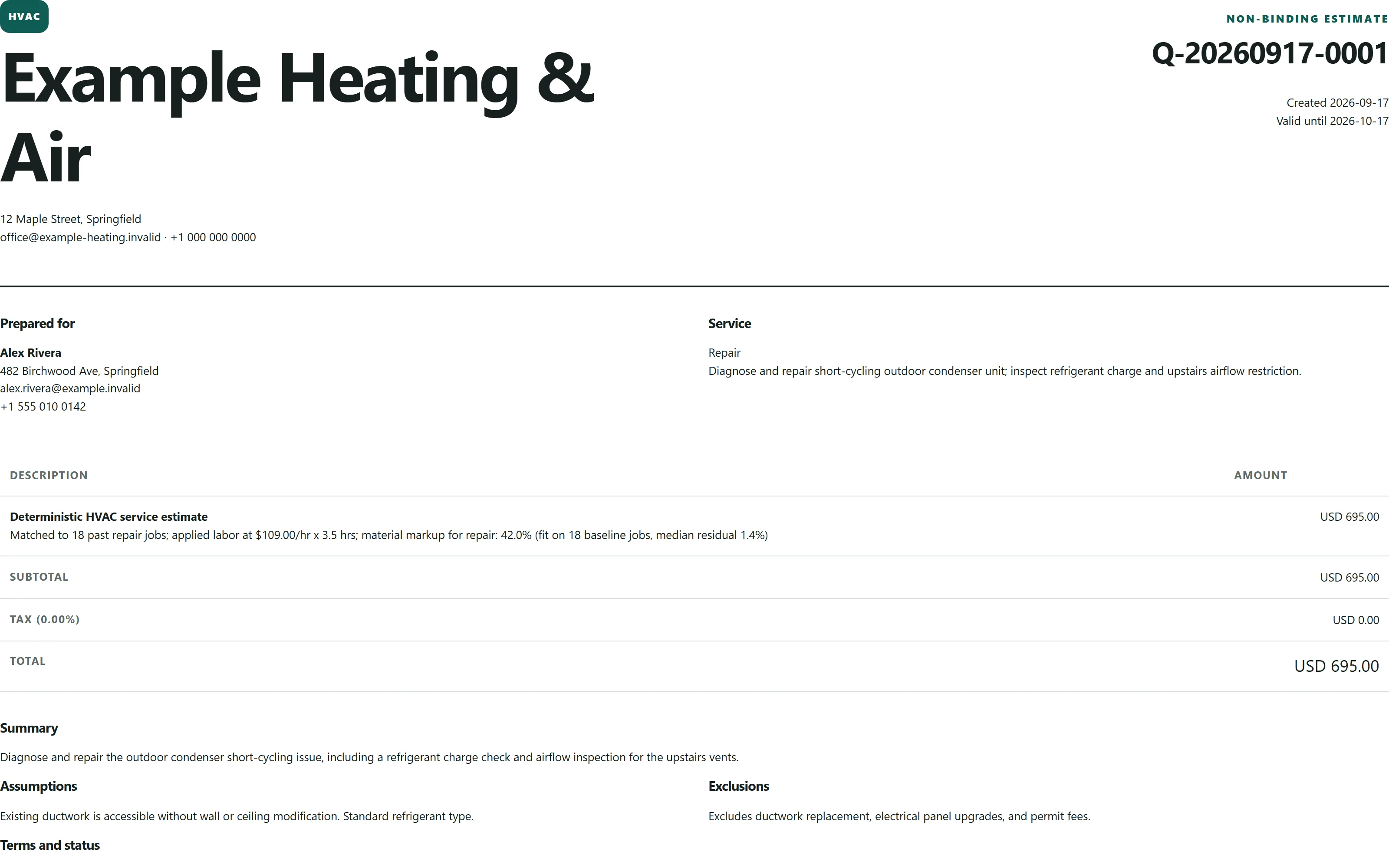 Branded non-binding estimate document with itemized pricing, ready to print or save as PDF