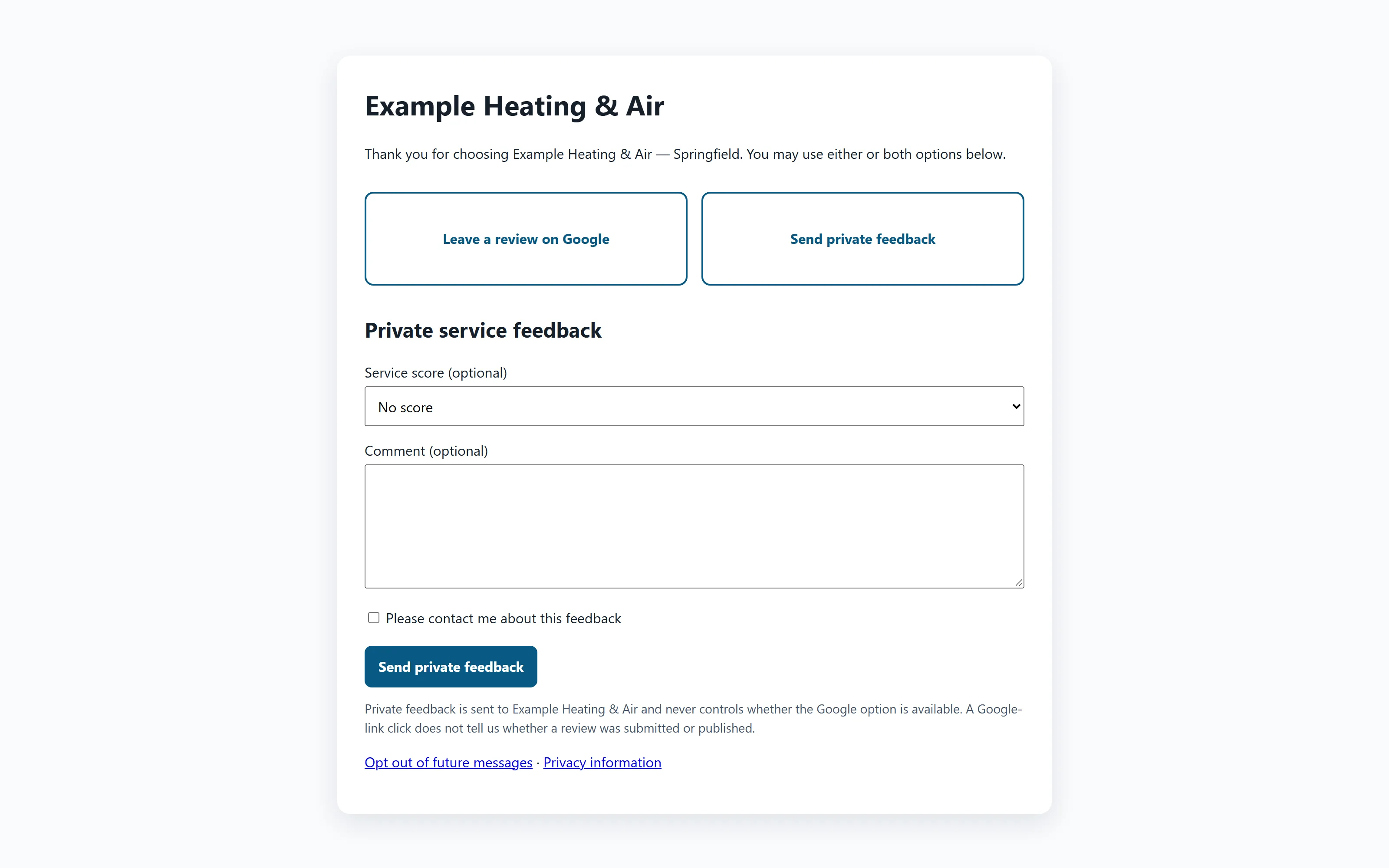 Customer review invitation page presenting a Google review link and a private feedback form as equal-weight options
