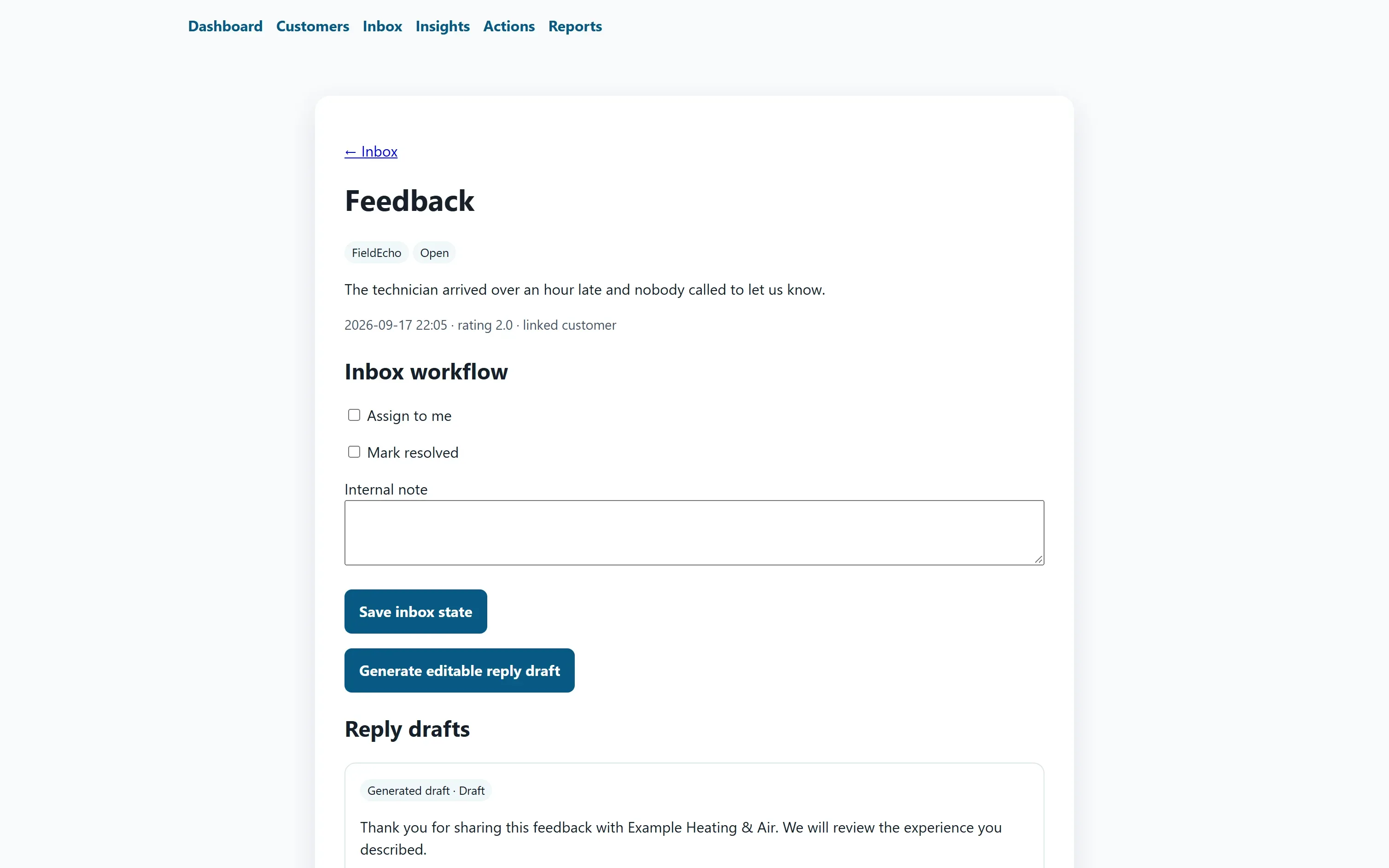 Inbox view of a customer feedback signal with a generated reply draft awaiting human edit and approval